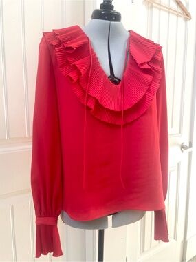 Women's Red Ruffle V-Neck Blouse Top - Perseverance London